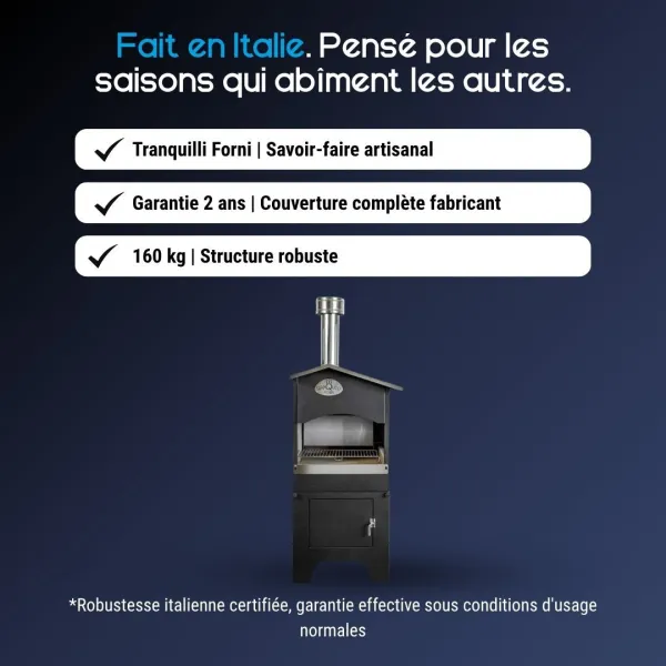 Barbecue à bois fabriqué en Italie avec structure robuste de 160 kg et garantie 2 ans