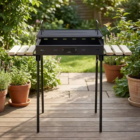 Barbecue au charbon de bois portable Grill M installé dans un jardin avec tablettes latérales