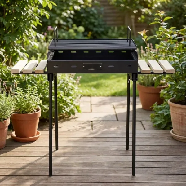 Barbecue au charbon de bois portable Grill M installé dans un jardin avec tablettes latérales