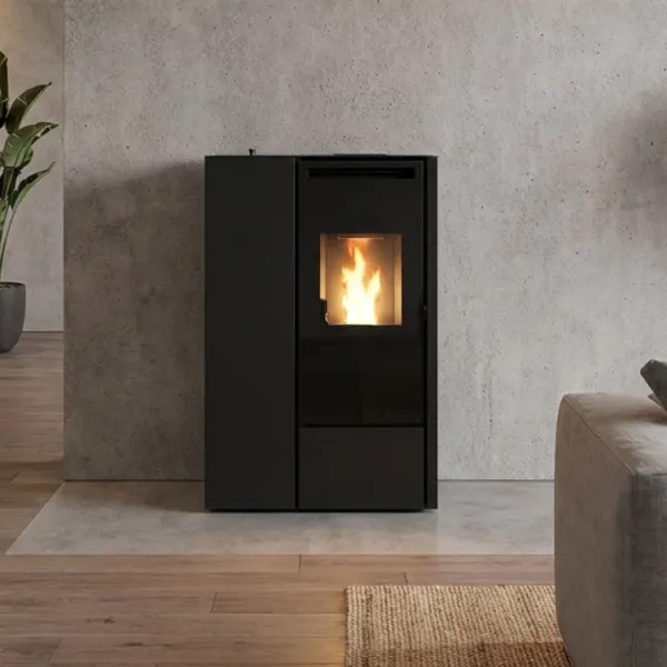 Poêle à granulés extra plat canalisable Eva Calor Pia 11 kW noir avec flamme visible