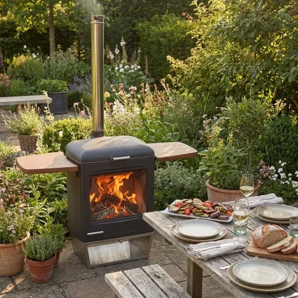 Barbecue à bois Hestia 600 Heat & Grill installé dans un jardin avec foyer allumé et table dressée à proximité