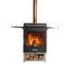 Vue de face du barbecue à bois Hestia 300 Heat & Grill avec foyer vitré allumé, cheminée et rangement pour bûches