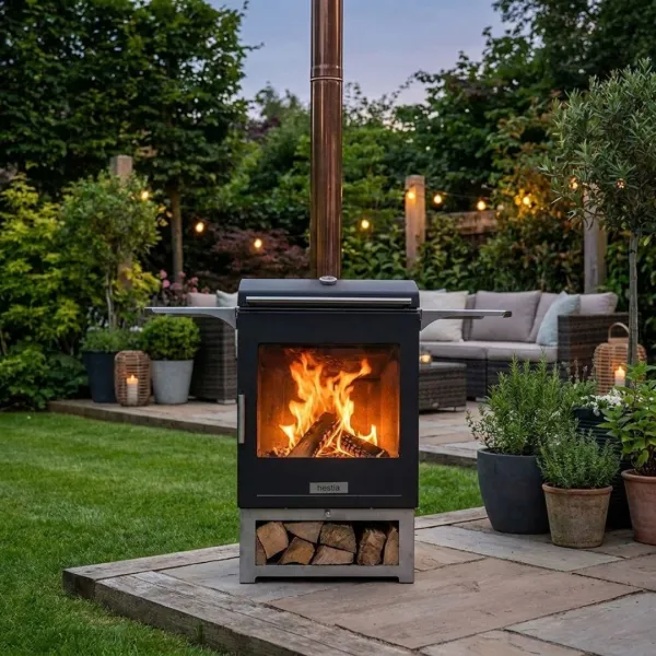 Barbecue à bois Hestia 300 Heat & Grill avec foyer allumé, installé dans un jardin aménagé en soirée