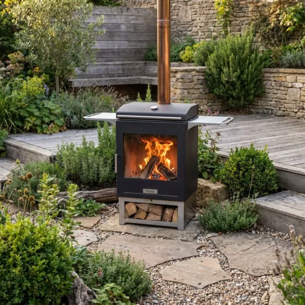 Barbecue à bois Hestia 300 Heat & Grill avec foyer vitré allumé, installé près d’un muret dans un jardin