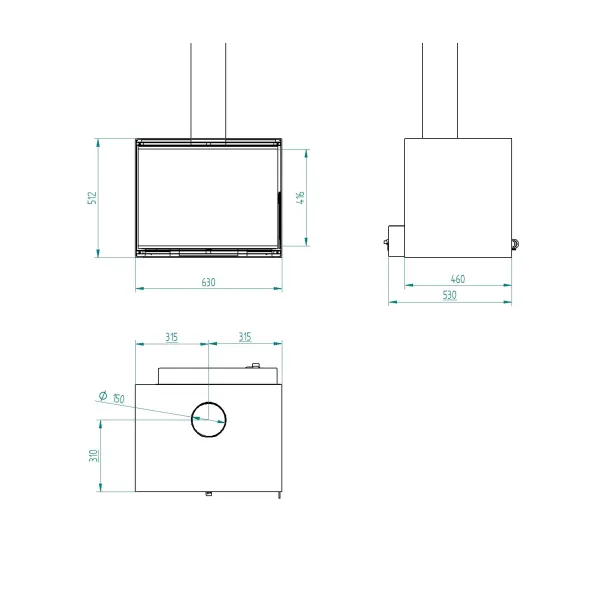 Schéma technique avec dimensions de l’insert à bois Ares 10,8 kW Linea VZ