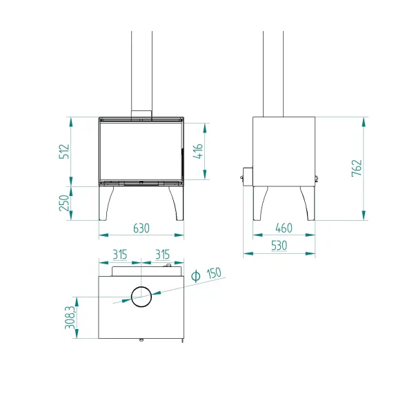 Schéma technique avec dimensions du poêle à bois Sapin 10,8 kW Linea VZ