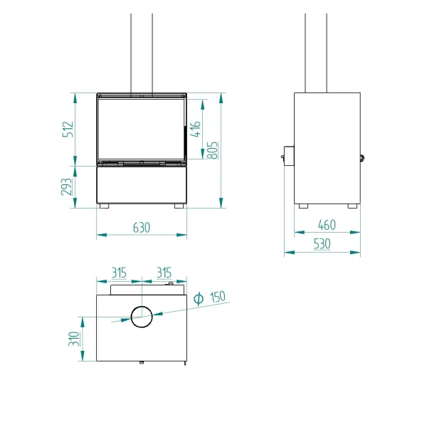 Schéma technique avec dimensions du poêle à bois Mélèze 10,8 kW Linea VZ
