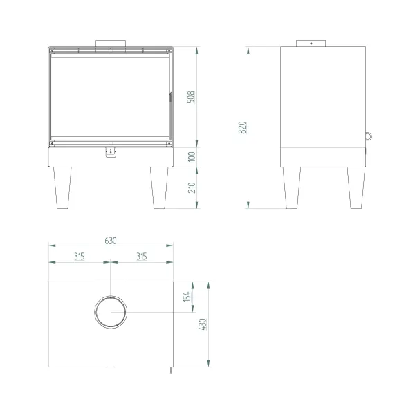 Schéma technique avec dimensions du poêle à bois Érable 10,8 kW Linea VZ pour bûches de 50 cm