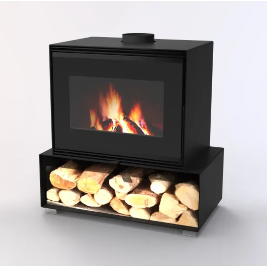 Poêle à bois Modèle D 10,8 kW Linea VZ noir avec rangement à bûches et feu apparent