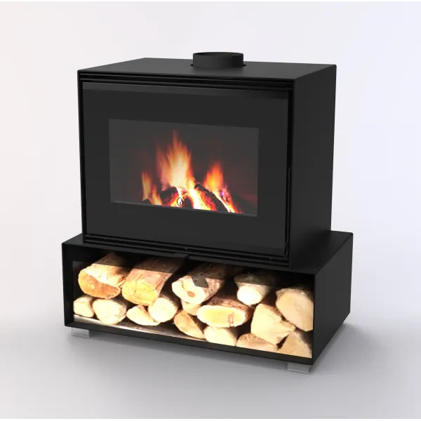Poêle à bois Modèle D 10,8 kW Linea VZ noir avec rangement à bûches et feu apparent