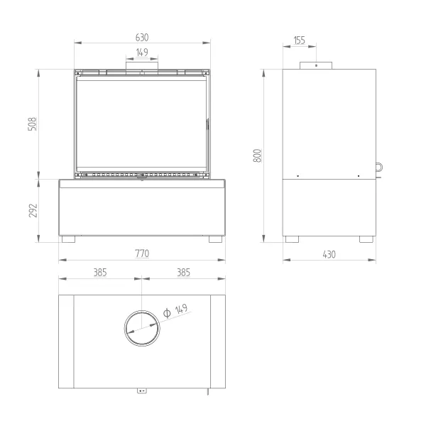 Schéma technique avec dimensions du poêle à bois Modèle D 10,8 kW Linea VZ