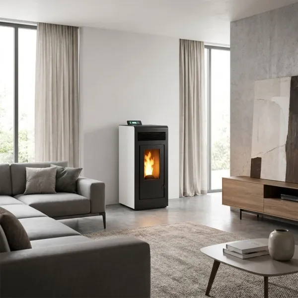 Poêle à granulés Marina 13C installé dans un grand salon lumineux