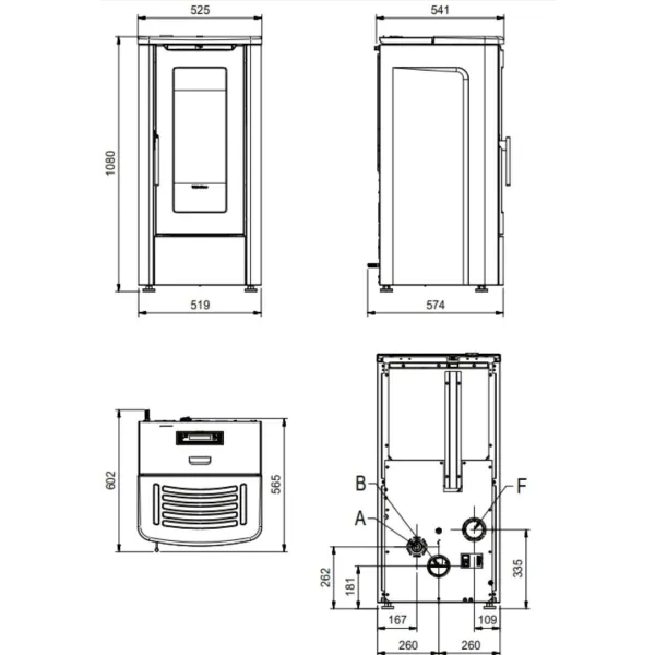 Schéma technique avec dimensions du poêle à granulés canalisable Dahiana Plus AD 10 kW