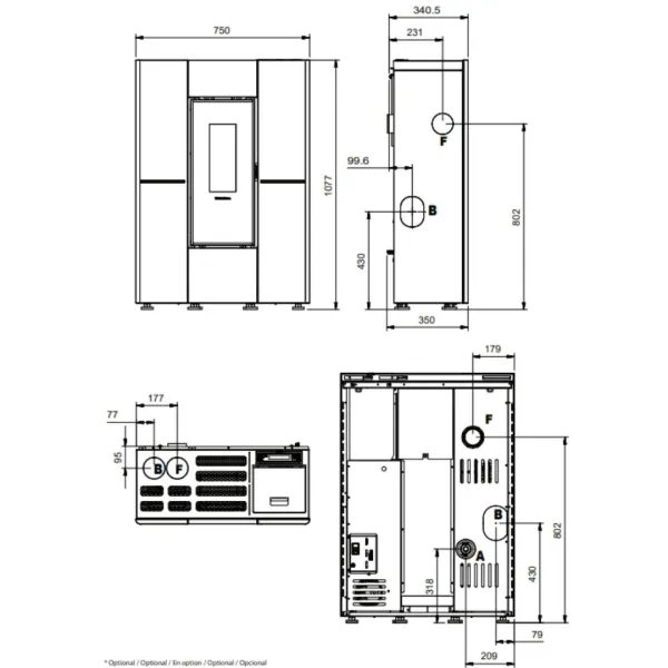 Schéma technique avec dimensions du poêle à granulés slim Marilena Plus 5.0 8 kW