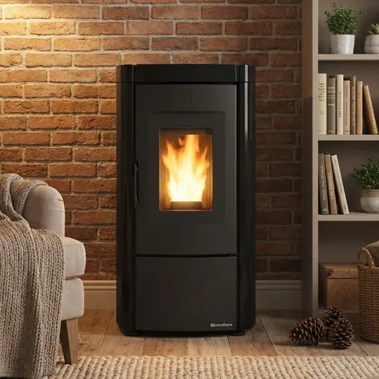 Poêle à pellets étanche Moira 7 kW noir installé devant un mur en briques