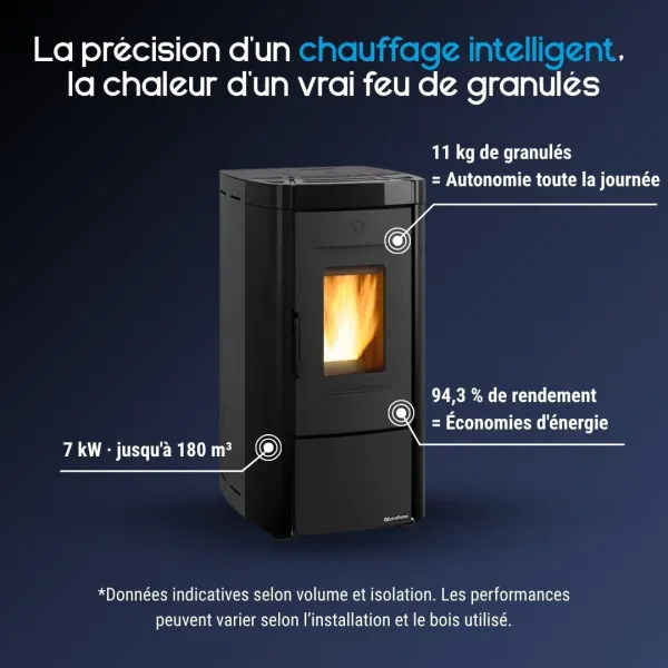 Caractéristiques du poêle à granulés étanche à ventouse Moira 7 kW noir