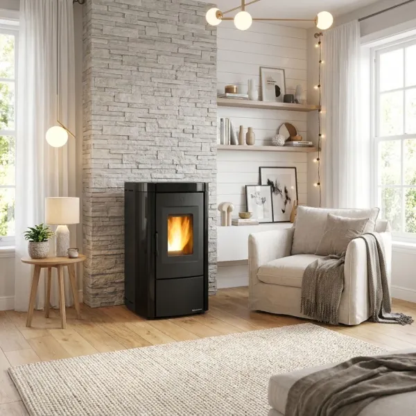 Poêle à granulés Moira 7 kW noir installé dans un salon lumineux