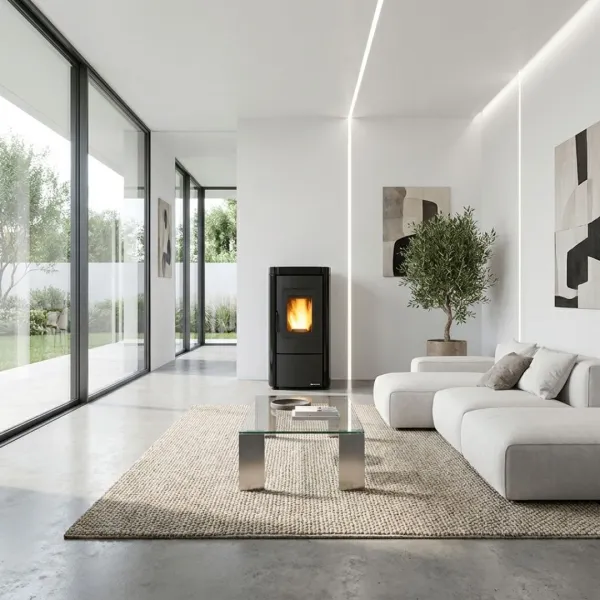 Poêle à granulés Moira 7 kW noir installé dans un grand salon contemporain