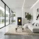 Poêle à granulés Moira 7 kW noir installé dans un grand salon contemporain