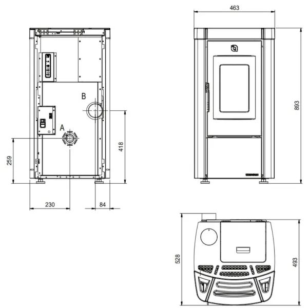 Schéma technique avec dimensions du poêle à granulés étanche à ventouse Moira 7 kW