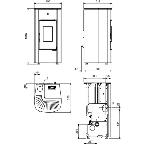 Schéma technique avec dimensions du poêle à granulés étanche Angelica Evo 8 kW