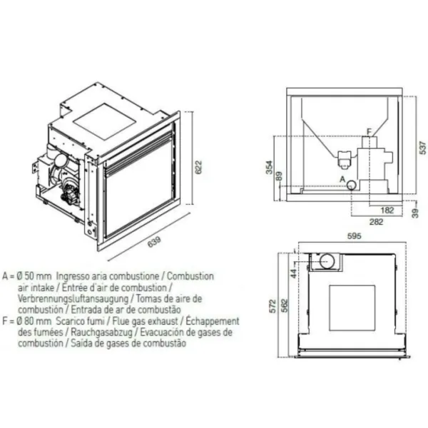 Schéma technique avec dimensions de l’insert à granulés Davide 9,5 kW