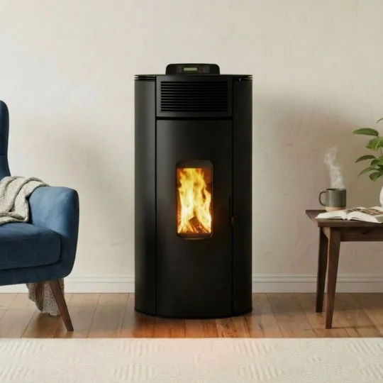 Poêle à pellets étanche Lorena 9 kW noir installé dans un intérieur moderne